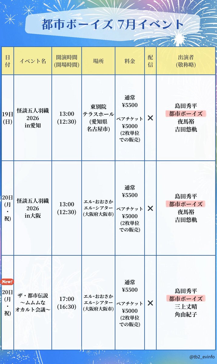tb2_evinfo's tweet photo. 【情報更新】

🎈2026年7月の都市ボーイズ イベント情報

※5/26 時点
※更新がありましたら引用にてお知らせ致します

#都市ボーイズ2026年7月イベント https://t.co/Tzi0kKj1So