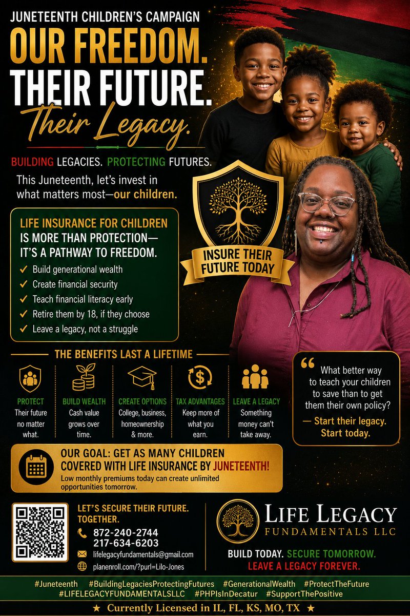 Jones81Ms's tweet photo. 🚨 JUNETEENTH CHILDREN’S CAMPAIGN 🚨

Did you know children’s policies can start as low as $11/month depending on age? 👀

That’s less than:
🍽 Selling dinners
🐟 Fish fry plates
📲 And definitely less than a GoFundMe after tragedy strikes.

This campaign is bigger than insurance https://t.co/geQZxzvE9j