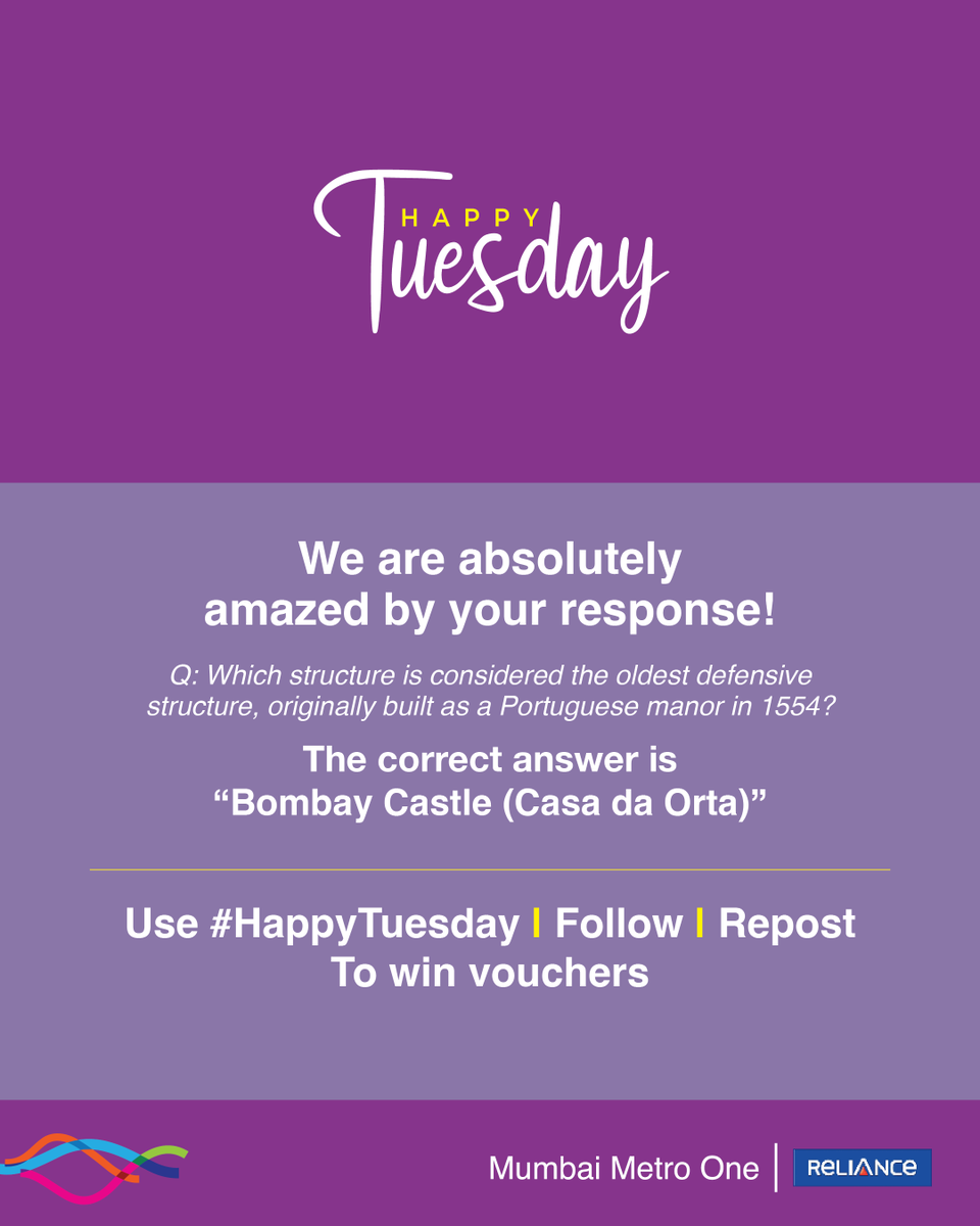 MumbaiMetro01's tweet photo. A huge thank you to all for participating. 

Prizes will be awarded to 50 winners, first 25 correct entries and additional 25 winners by draw.

Mention #HappyTuesday with your answer, follow us and repost to participate and win every Tuesday.

#Contestalert #winprizes #HappyTuesday #congratulations #mumbaimetro