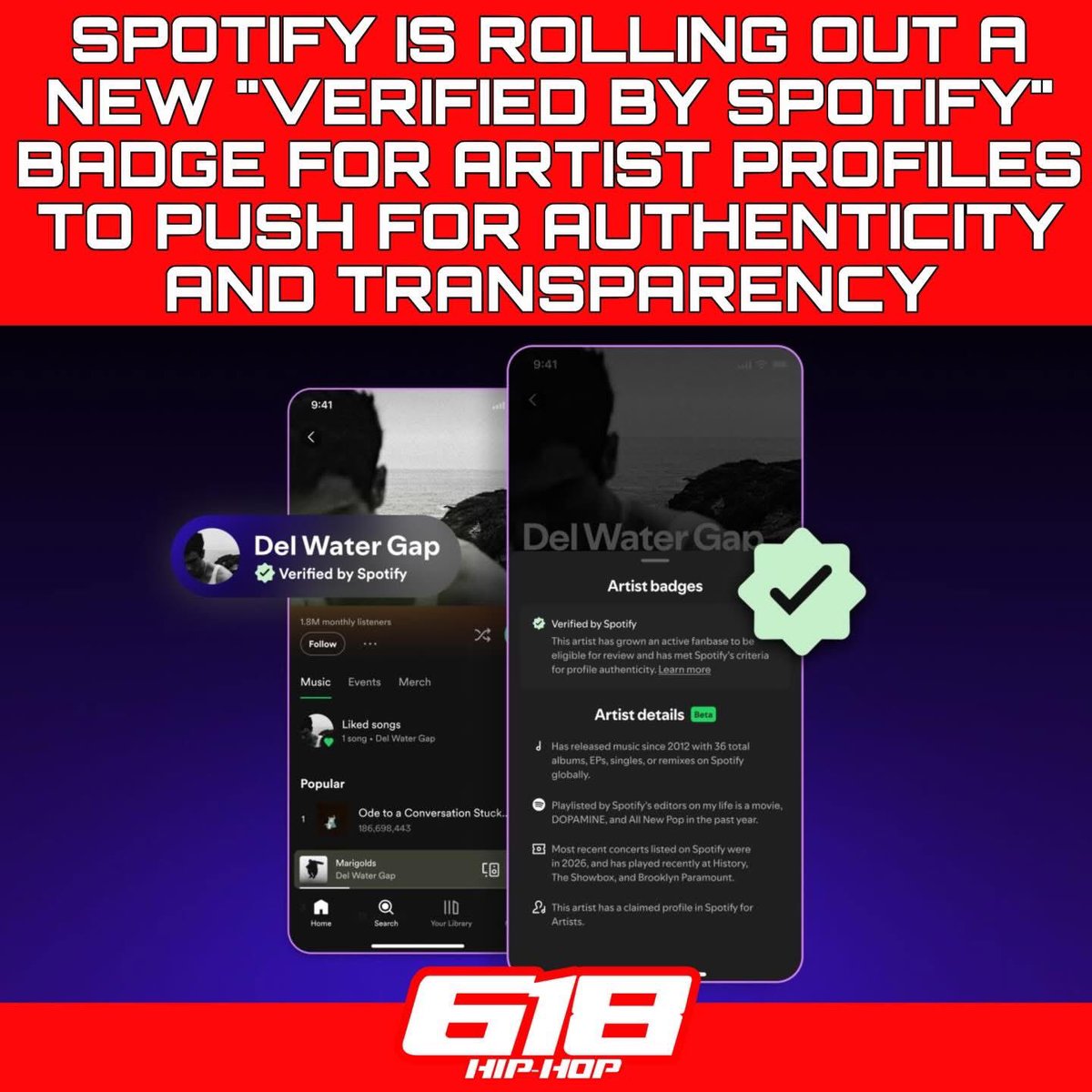 618_HipHop's tweet photo. Spotify is rolling out a new “Verified by Spotify” badge for artist profiles to boost authenticity on the platform.

Profiles tied mainly to AI-generated artists won’t qualify at launch. Spotify says 99%+ of actively searched artists are expected to receive verification over time https://t.co/YaE6PuH28I