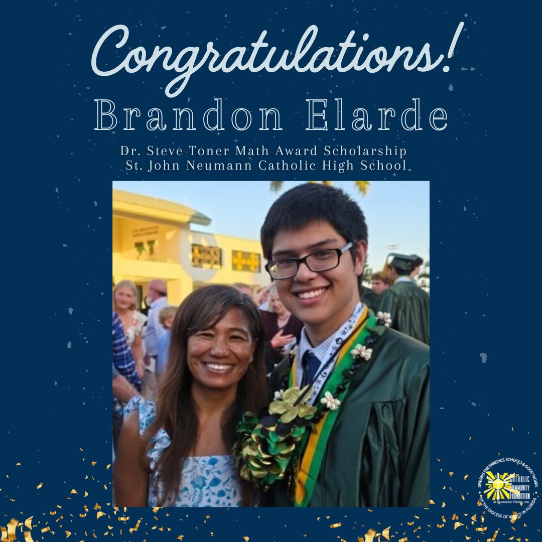 CatholicSwfl's tweet photo. Congratulations to Brandon Elarde for being awarded the Dr. Steven Toner Math Award Scholarship!
This scholarship recognizes a graduating senior from St. John Neumann Catholic High School, pursuing a career in a STEM field — Science, Technology, Engineering, or Mathematics. https://t.co/5VGNhDJF3W