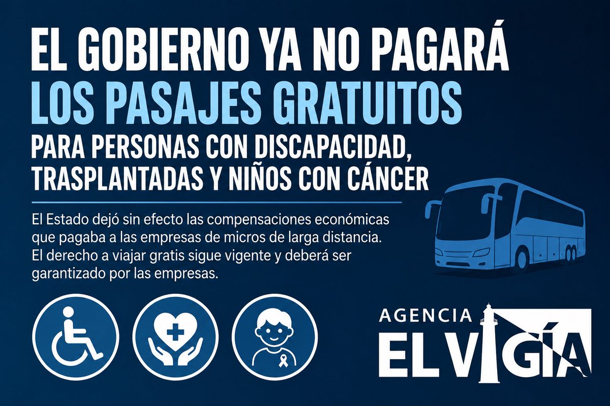 AgenciaElVigia's tweet photo. 🚨 EL GOBIERNO YA NO PAGARÁ LOS PASAJES GRATUITOS PARA PERSONAS CON DISCAPACIDAD, TRASPLANTADAS Y NIÑOS CON CÁNCER

El Gobierno nacional dejó sin efecto las compensaciones económicas que el Estado pagaba a las empresas de micros de larga distancia por los pasajes gratuitos destinados a personas con discapacidad, personas trasplantadas o en lista de espera y niños, niñas y adolescentes con cáncer.

📄 La medida fue oficializada mediante la Resolución 28/2026 de la Secretaría de Transporte.

⚠️ Aunque el derecho a viajar gratis continúa vigente y las empresas deberán seguir garantizándolo, las compañías ya no recibirán fondos estatales por esos boletos.

🚌 La Comisión Nacional de Regulación del Transporte deberá controlar que se cumpla con la prestación del servicio.