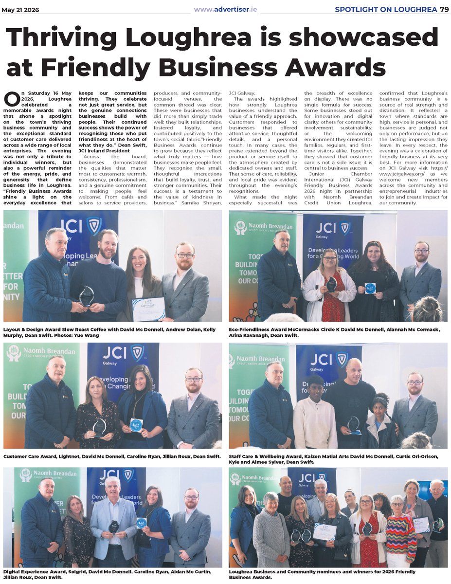 Solgrid1's tweet photo. Great to see Loughrea and the JCI Galway Friendly Business Awards in The Galway Advertiser. Thank you to everyone who voted for us, and to JCI Galway, Naomh Breandan CU, Comworks Loughrea. Congrats to all winners! @JCIGalway @loughreaonline @ComworksIRE @NaomhBreandanCU @galwayad https://t.co/nI5Vp5uM0d