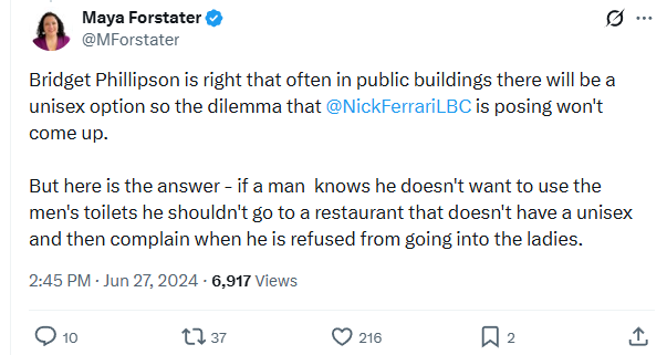 natsrambles's tweet photo. Oh, so if an establishment has only male and female, the trans person should not visit that venue?  That discrimination and would fail proportionality under the EA. If there is no option then its proportional for a trans man to use the men's, or trans women to use the ladies. https://t.co/OkKf5Awuez