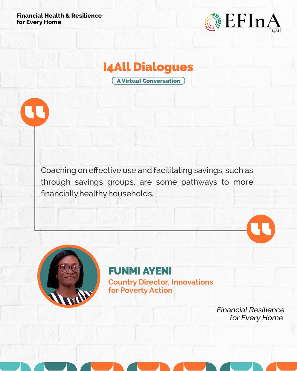 inclusion_ng's tweet photo. Financial inclusion is not just about access to services. It is about what that access looks like in everyday life, and whether it translates into real financial wellbeing. 

Discussions like this help us ground the conversation in data, lived experiences, and the realities shaping financial health and resilience. 

Here’s a highlight from Funmi Ayeni’s contribution during the I4ALL Dialogues conversation on financial health and resilience.
.
.
#I4ALLDialogues #I4ALLMainstreamVoices