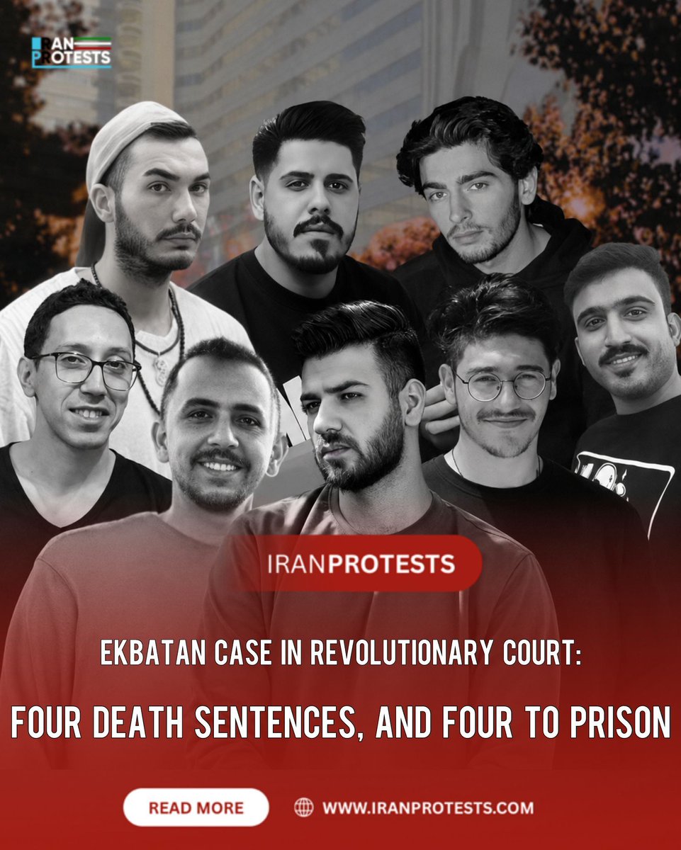 IranProtestsCom's tweet photo. Branch 15 of Tehran’s Revolutionary Court, presided over by Judge Abolghasem Salavati, has sentenced four defendants in the so-called “Ekbatan” case to death on charges of “enmity against God” (moharebeh).
Reports indicate that Milad Armoun, Navid Najaran, Mehdi Imani, and Seyed Mohammad Mehdi Hosseini, detainees from Iran’s 2022 national uprising, have received death sentences in this case.
Additionally, Amir Mohammad Khosh Eghbal, Alireza Barmarz Pournak, Alireza Kafaei, and Hossein Nemati, the other defendants in the case, have each been sentenced to seven years in prison along with supplementary punishments, including bans on online activity and restrictions on residing in Tehran and Alborz provinces.
Informed sources have reported that the verdict was communicated to the defendants without the presence or prior notification of their lawyers. To date, the official copy of the ruling has not been provided to their legal representatives. This has raised serious concerns about the judicial process and the defendants’ access to their legal rights.