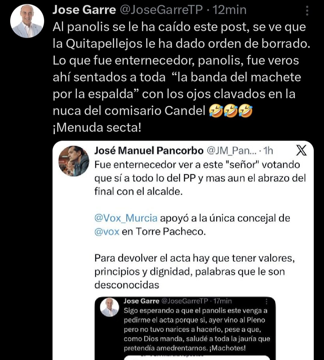 JM_Pancorbo's tweet photo. Por fortuna para los pachequeros, este "señor" dentro de un año será sólo un mal recuerdo. 

Ánimo @MeronoMercedes cuentas con todo el apoyo de @Vox_Murcia, ayer retrataste a los que han venido a la política exclusivamente por intereses personales mas o menos inconfesables. https://t.co/aGVmeh4dBW