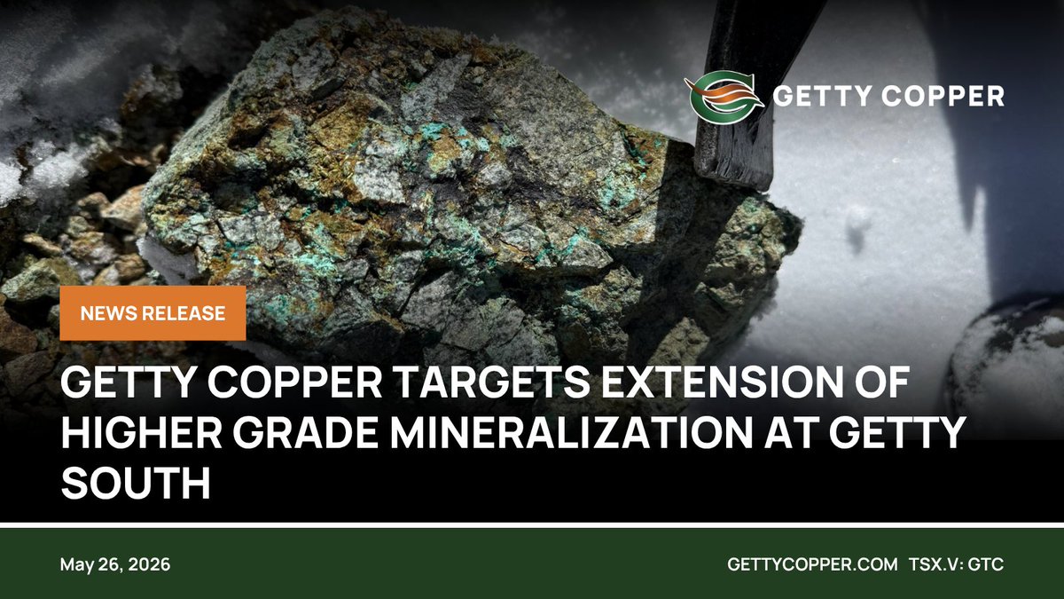 GettyCopper's tweet photo. Getty Copper Targets Extension of Higher Grade Mineralization at Getty South.

Drilling to commence immediately as part of ongoing exploration program.

Full update on our website: https://t.co/A6NNHVGupc
$GTC.V https://t.co/RWWAjUnBtK