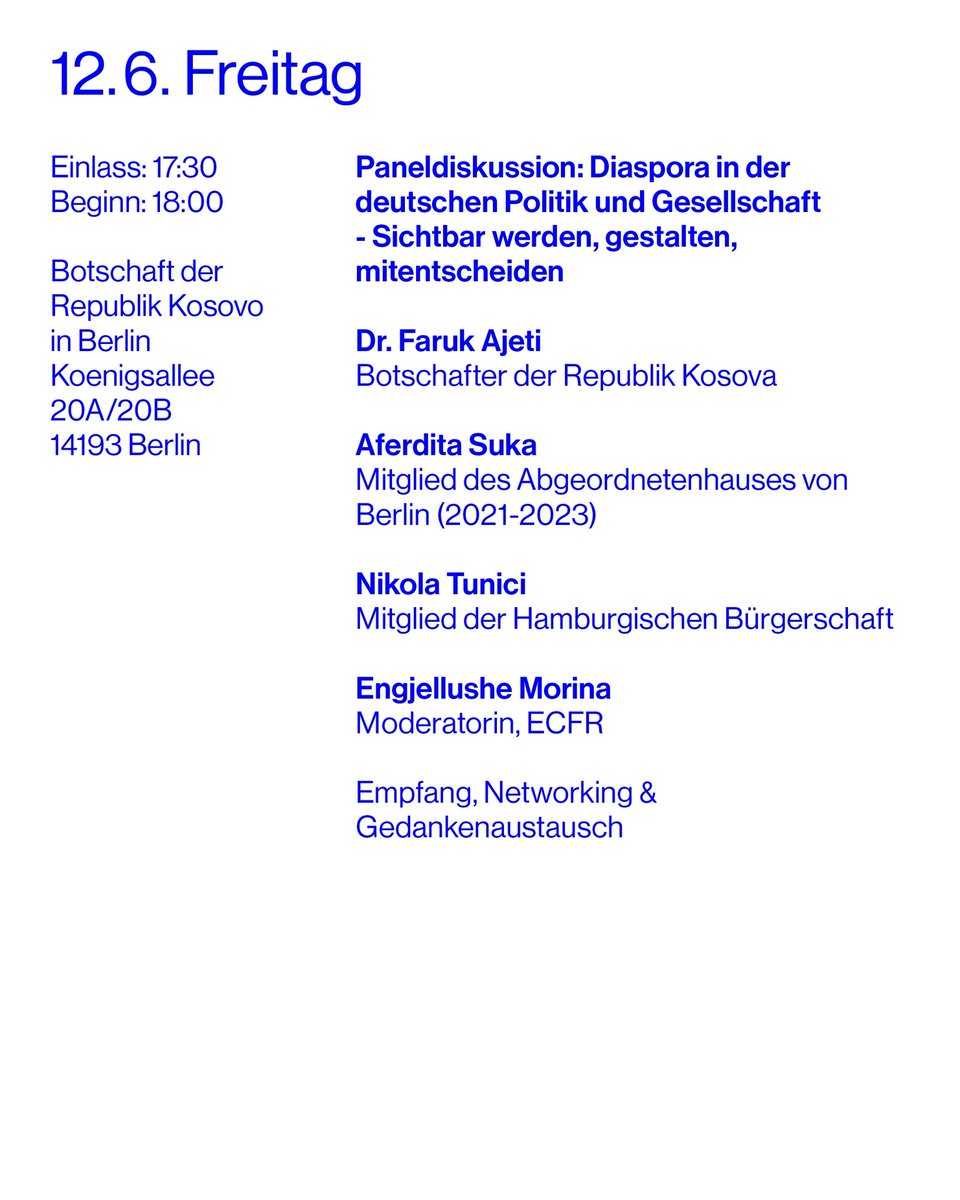 FarukAjeti's tweet photo. 📡 KOSOVA KULTURWOCHE IN BERLIN 🇽🇰🇩🇪
Programmübersicht der Kulturwoche
👇🏻
#kosovainde #kosovaingermany #kosovoinDE #kosovoindeutschland #kosovoinGermany #arksberlin #kosova18 #kulturwoche #javaekultures @MFAKOSOVO @KosovoinDe https://t.co/vN2FouoCE2