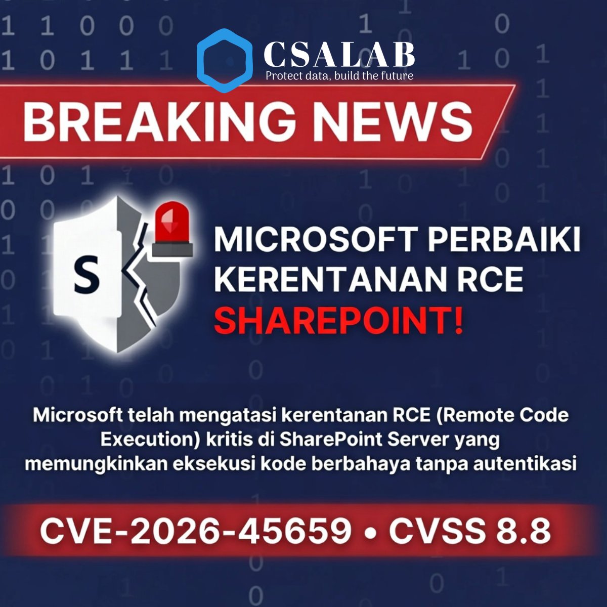 csalab_id's tweet photo. Microsoft patches SharePoint RCE flaw CVE-2026-45659 (CVSS 8.8)

Authenticated attacker (Site Member) bisa execute code remotely.

Update sekarang!

Artikel: https://t.co/IJvIqaHFju

Follow @csalab.id

#SharePoint #RCE #CVE #CyberSecurity https://t.co/pXMyHSYHU0