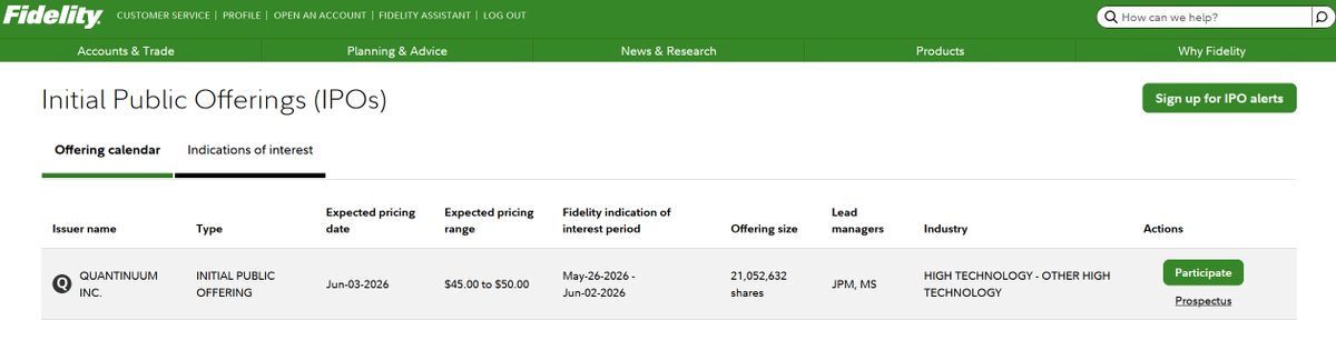 AccessIPOs's tweet photo. Fidelity is now accepting indications of interest from eligible customers. $QNT https://t.co/uuonWYVzZt