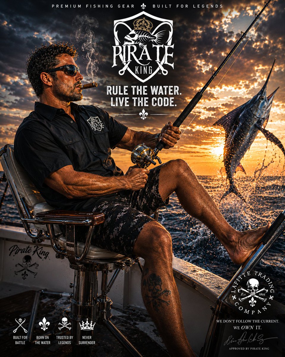 LafitteTrading's tweet photo. RULE THE WATER. LIVE THE CODE! Built for the ones who chase the horizon before sunrise and never back down from the fight. Our Pirate King performance fishing shirts are made for Legends on the boat, at the dock, and everywhere in between. ~Jean Lafitte https://t.co/PkkpACOJXc https://t.co/HbfI5W9snH