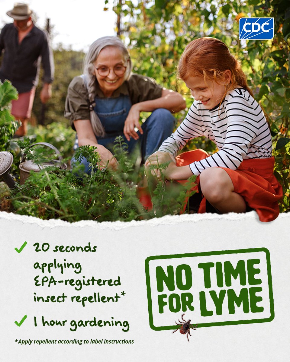 CDCgov's tweet photo. Preventing tick bites is the best way to protect against Lyme disease. Use EPA-registered insect repellents when you're outside and reapply according to the label. A layered approach including long-sleeved clothing and tick checks can also help.

Take a few minutes before and after going outdoors to help prevent tick bites and Lyme disease. Learn about all the actions you can take: https://t.co/nQwCZ7j7wt