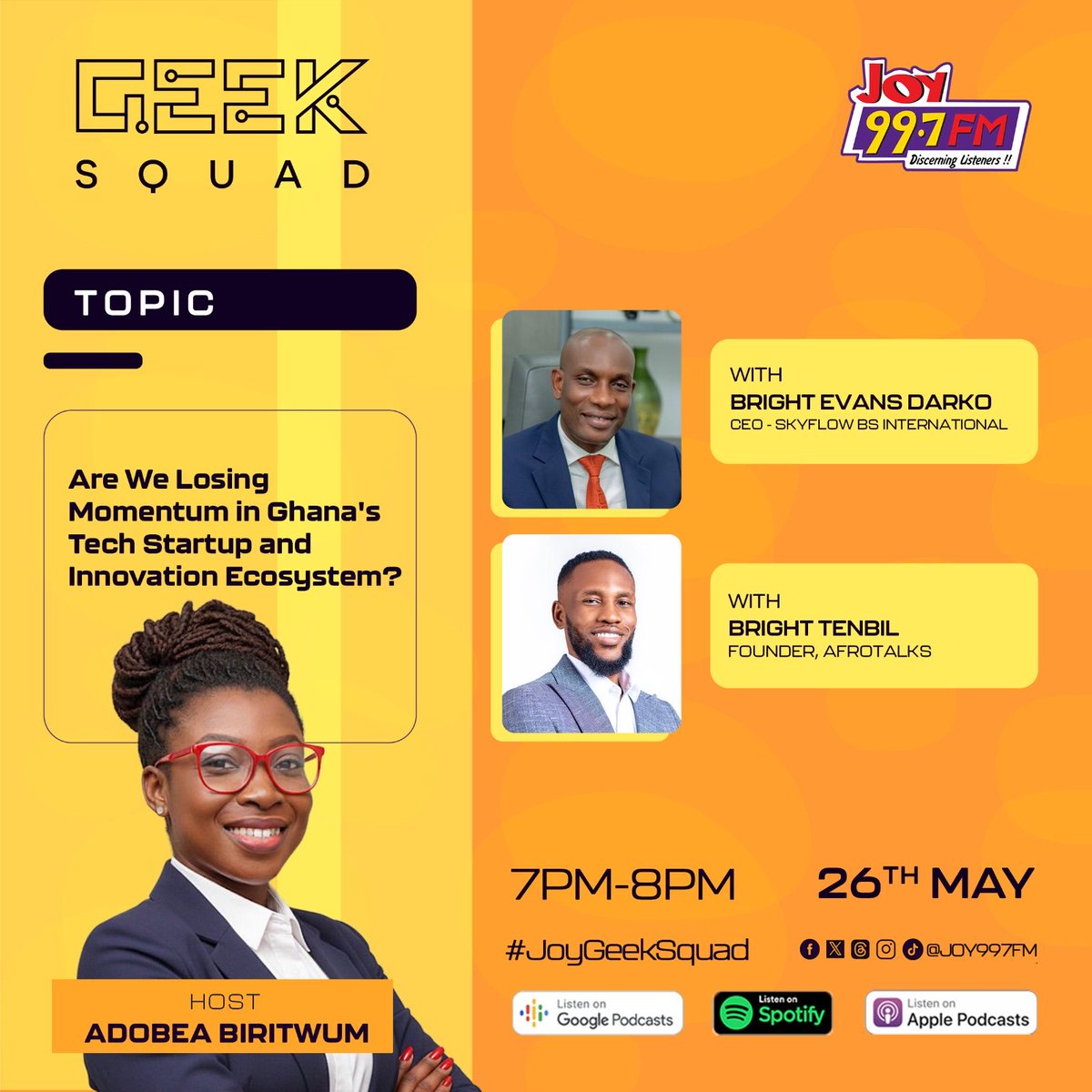 adobeabiritwum's tweet photo. Ghana’s tech ecosystem is growing, but are policies, regulation, and industry challenges slowing innovation momentum?

Tonight on Geek Squad:

“Are We Losing Momentum in Ghana’s Tech Startup and Innovation Ecosystem?”

Ahead of next week’s deep dive into the @NITA debate. Join us https://t.co/VEDSH2yS5R