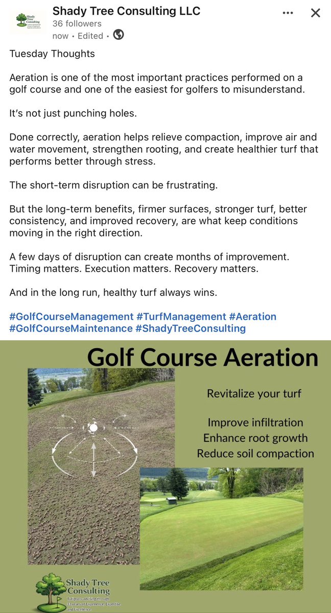RickPagett's tweet photo. Aeration isn’t just punching holes. It relieves compaction, improves air & water movement, strengthens roots, & helps turf recover through stress. A short-term disruption can create months of better conditions.
#TurfManagement #Aeration #GolfCourseMaintenance #ShadyTreeConsulting https://t.co/baoQzAhI1o