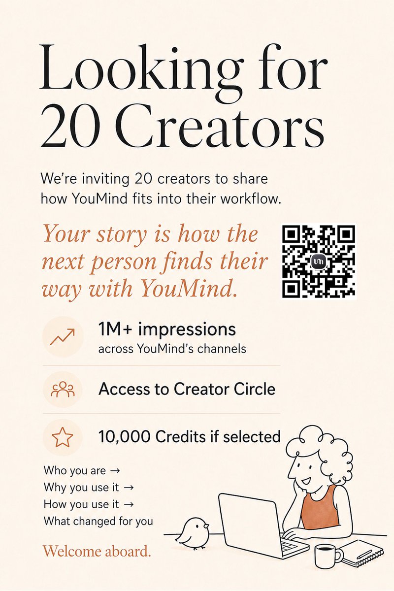 YouMind_AI's tweet photo. YouMind turns 2!  We want to hear from you. 🎉

We're inviting 20 creators to tell story —— how YouMind fits into the way you think, work, and create.

Because the best way someone discovers a tool? Another human saying "here's what it did for me."

🎁 What's in it for you:
— 1M+ impressions across YouMind's channels
— Access to Creator Circle
— 10,000 Credits if selected

📅 May 26 – June 8

💡Tell us:
→ Who you are → Why you started using YouMind → How it fits into your workflow → What actually changed

Video or written — your call.

⭐️One ask: use the current version, keep it original 

Drop your story below👇

Join our Discord to enter! 🚀  https://t.co/0w8pemIe5E