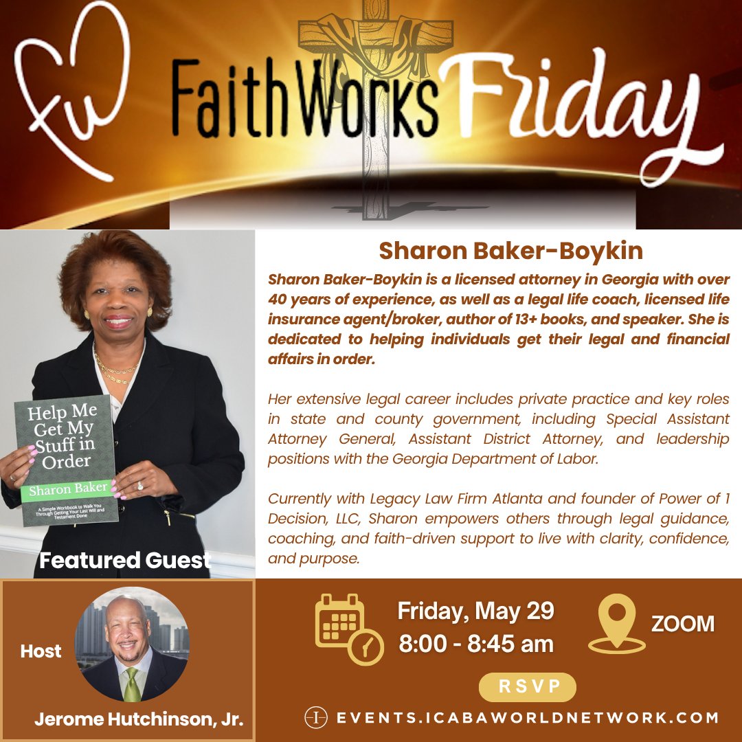 ICABAWORLD's tweet photo. Peace of mind starts with preparation.

👉 𝗥𝗦𝗩𝗣: https://t.co/A0NnJIVRT7

This week on Faith Works Friday:
“Help Me Get My Stuff in Order”
with Sharon Baker-Boykin

A conversation about being prepared for what matters most.

#FaithWorksFriday #ICABA #ICABAWorldNetwork https://t.co/fqZnk2mei1