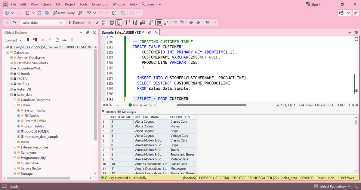dicta_andy's tweet photo. Finally completed the tasks for week 3 at AnalystLab Africa. I worked with SQL Server, using both of the projects given, the Sample Sales Data which came in a CSV file format and had to be imported into the Server as a Flat File and https://t.co/cvuvVVzB4Y