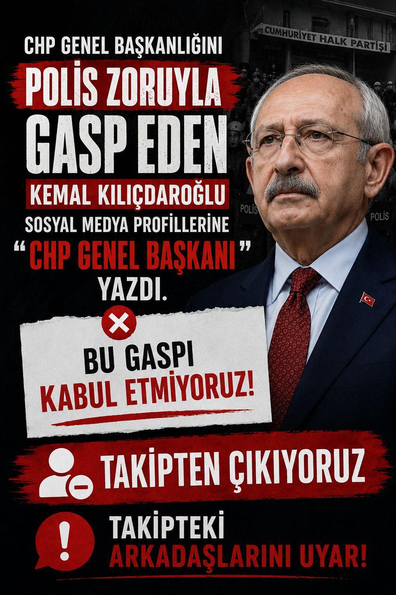 FenerSol1907's tweet photo. Mesele CHP nin başında kimin olduğu kimin geldiği değildir.
Ülkenin kurucu partisine, ana muhalefet partisine zorla girilip başkan değiştiriliyorsa, ülkede hiç bir parti, sendika, kurum ve kişi güvende değildir!
Kemal Kılıçdaroğlu’nun yaptıklarını kabullenmiyorsan, onu takipten çıkıp, arkadaşlarına da bunu tavsiye edebilir misin? 
Pek çok kişi onu hala takip ettiğinin farkında değil. 
BUNU TAKİPTEN ÇIKIN LÜTFEN!
