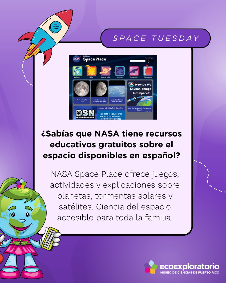 ECOEXPLORATORIO's tweet photo. ¿Sabías que NASA tiene recursos educativos gratuitos sobre el espacio disponibles en español?

NASA Space Place tiene juegos, actividades y explicaciones sobre planetas, tormentas solares y satélites. Ciencia del espacio accesible para toda la familia.

🔗 https://t.co/aQMXRkau6E https://t.co/lhBCaSW08x