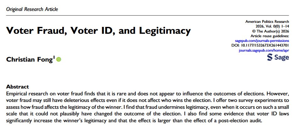cstewartiii's tweet photo. Christian Fong at the University of Michigan has published this interesting article on voter fraud, voter ID, and election trust in American Politics Research.  https://t.co/2MCbWVWlNd https://t.co/umCRqokZXh