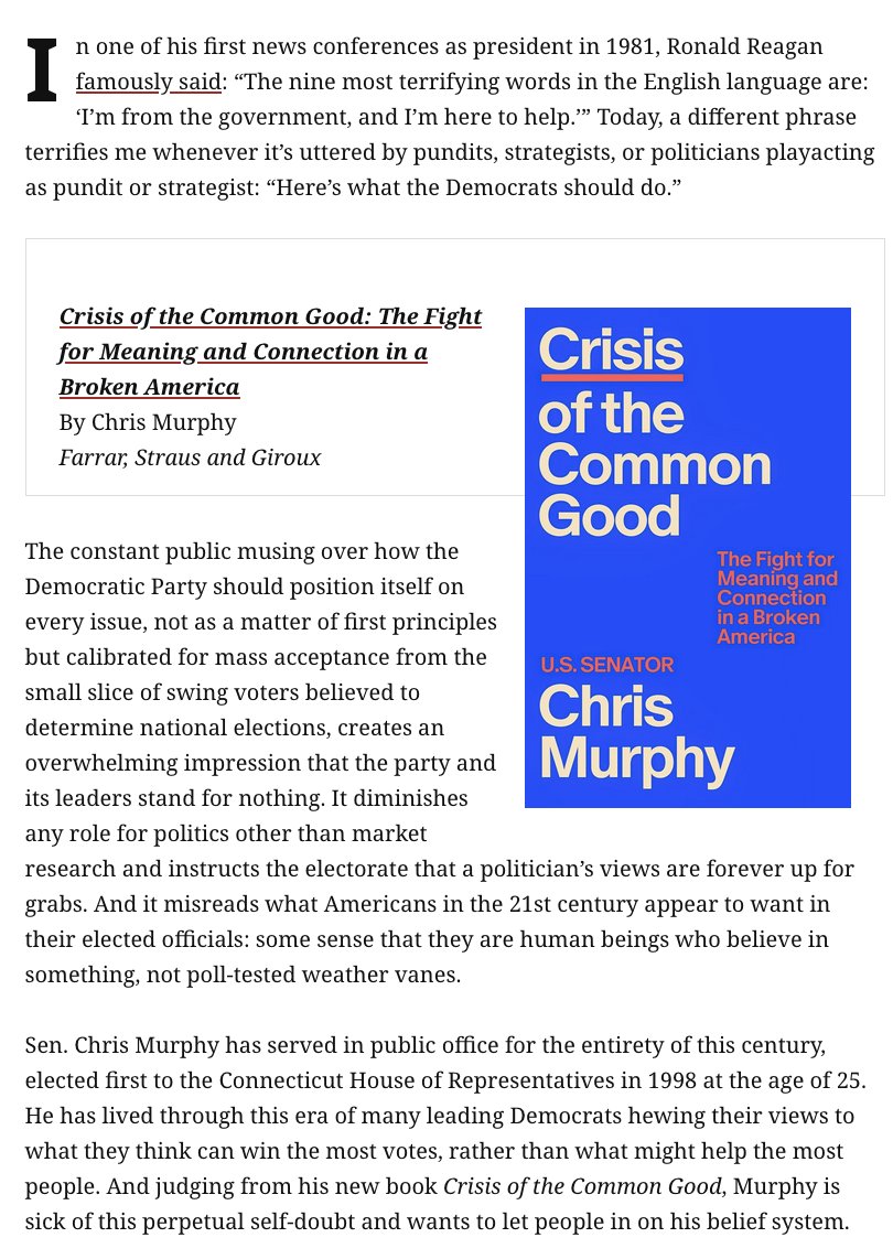 ddayen's tweet photo. I've been away for a couple weeks, but I'm back to review @ChrisMurphyCT's book, which releases today.
He details America's spiritual crisis &amp; why we're all so damn unhappy. In doing so he shows a rare attribute in Dem politicians: believing in something.
https://t.co/0Vx0BrWFmm https://t.co/U0RNCAND6M