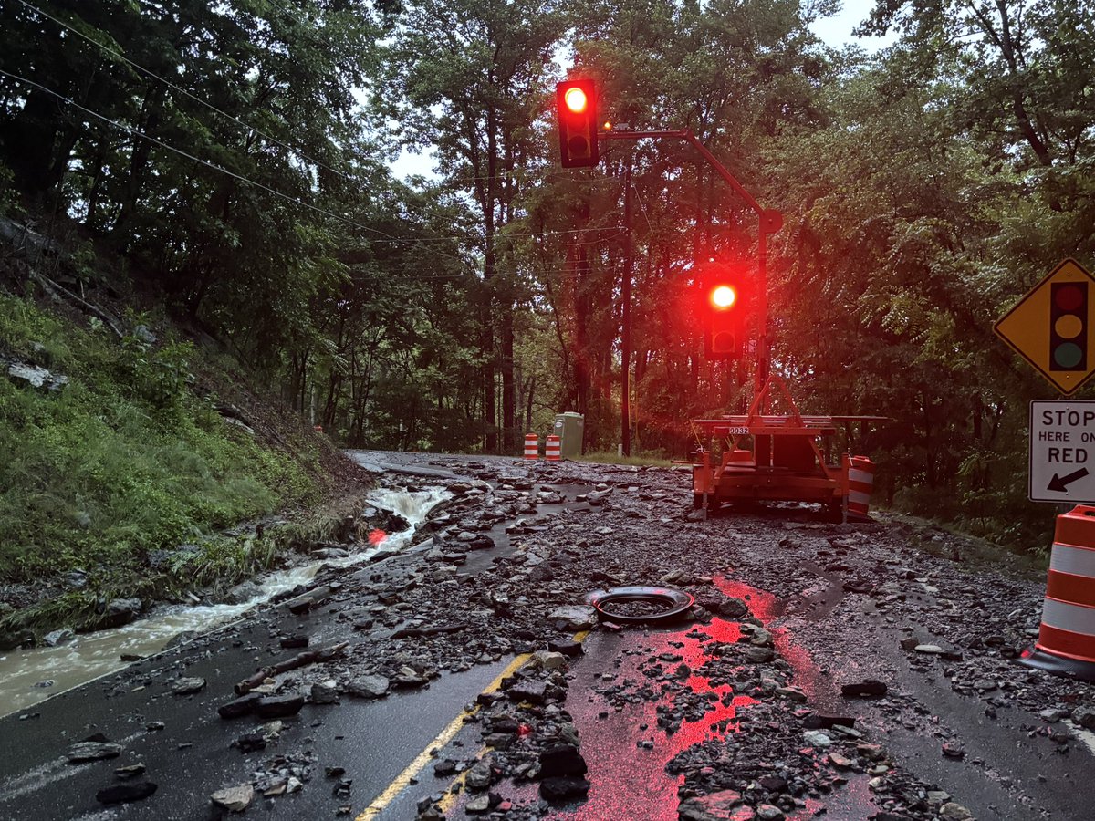 voglerweather's tweet photo. First light look at Edneyville flood damage from last night. The section of Bearwallow Rd being repaired post-Helene is a mess. Multiple homes are inaccessible with washed out driveways as well #ncwx @EthanClarkWX https://t.co/ckciJtXykK
