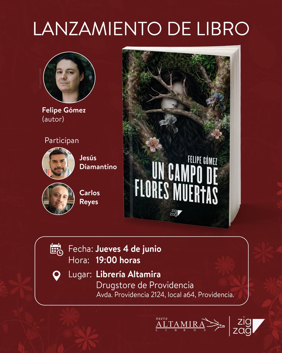 ZigZagEditorial's tweet photo. No te pierdas el lanzamiento del libro “Un campo de flores muertas” escrito por Felipe Gómez. Te esperamos el jueves 4 de junio a partir de las 19:00 horas en la librería @nuevaaltamira https://t.co/VTqLyRqNTd