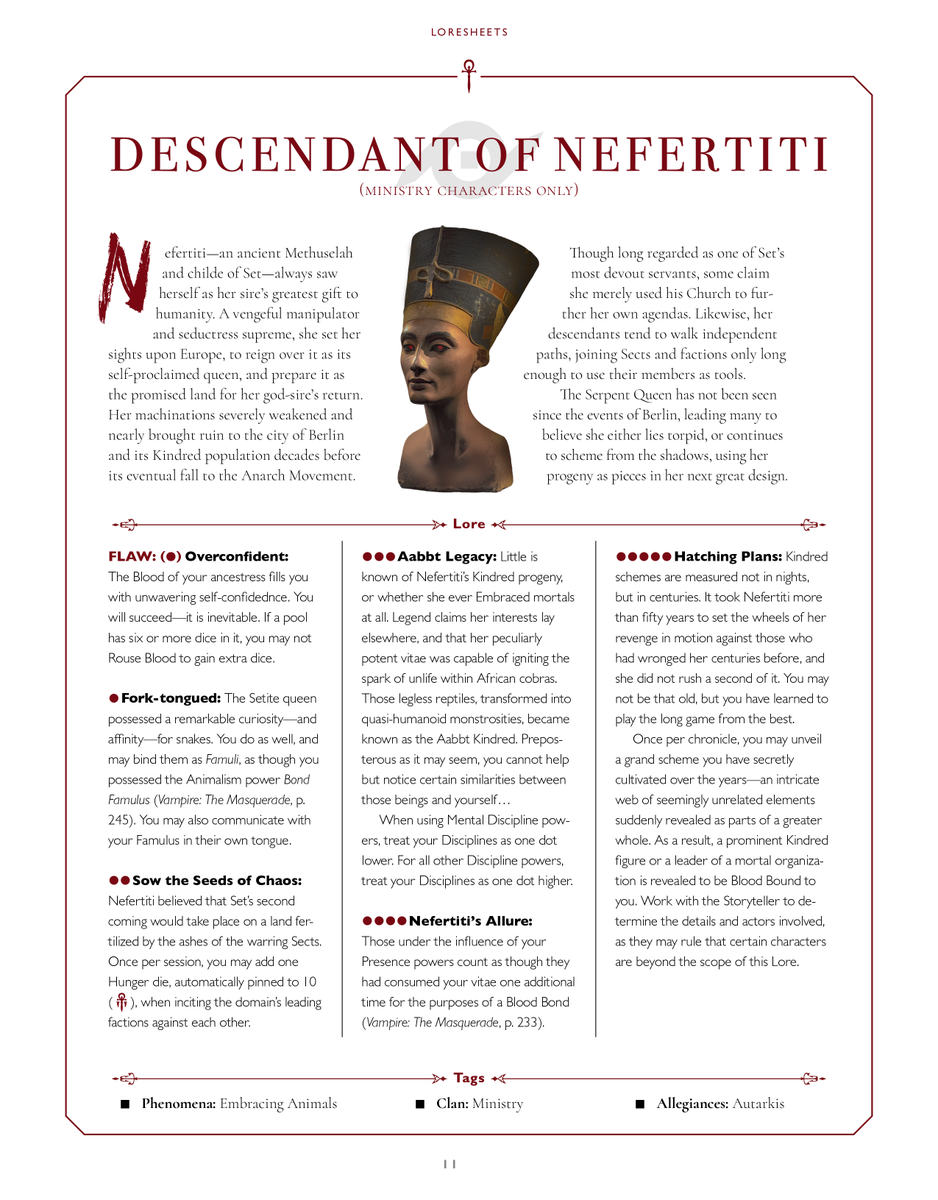 4illeen's tweet photo. In anticipation of @worldofdarkness's Courts of the Damned for #VtM #V5 and its prophesied "descendant of" loresheet for clan Ministry, I became so excited that I created my own. Meet one of the most unique and polarizing Setites—the serpent queen herself, Nefertiti. 🐍🩸
PDF🔗⬇️ https://t.co/nqpCvcunJO