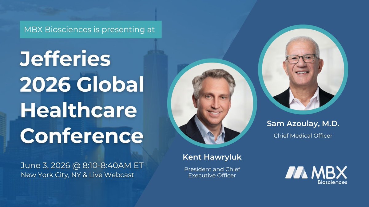 MBXBio's tweet photo. MBX is attending the @Jefferies 2026 Global Healthcare Conference in NYC on June 3. CEO Kent Hawryluk &amp; CMO Sam Azoulay, M.D. will discuss progress advancing precision peptide therapies for endocrine and metabolic disorders. https://t.co/6AbX9CY23k https://t.co/9LZJykWWLD