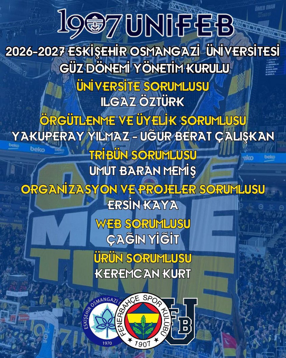 UFBOsmangazi's tweet photo. 1907 ÜNİFEB Eskişehir Osmangazi Üniversitesi olarak yapılan toplantılar sonucunda 2026-2027 Güz Dönemi yönetim kurulumuz belirlenmiştir. Yönetim kurulumuz şu şekildedir; https://t.co/XjnUBcjmay