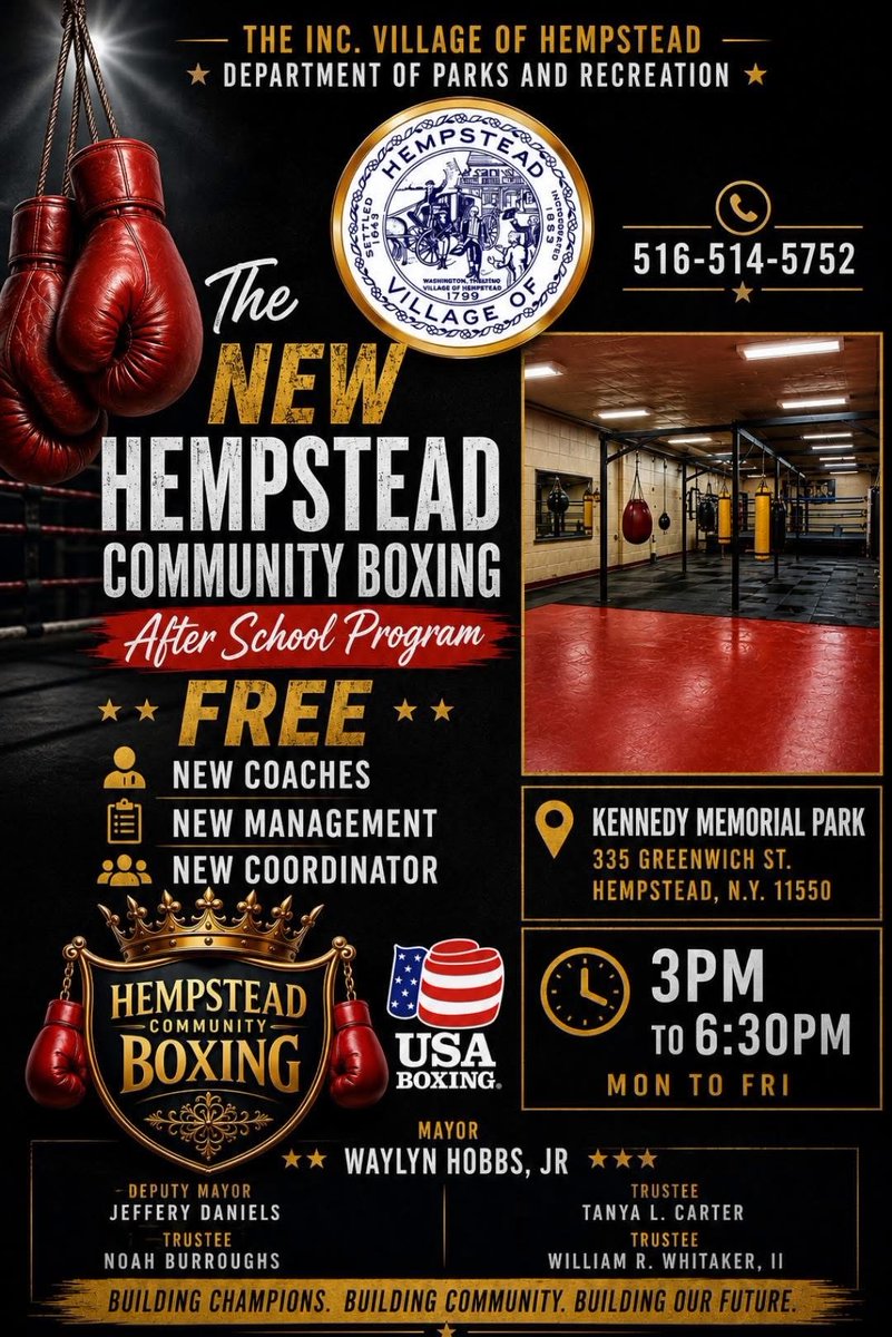 HempsteadVill's tweet photo. The NEW Hempstead Community Boxing After School Program is here!

FREE program featuring new coaches, new management &amp; new leadership focused on building champions on and off the mat.

Kennedy Memorial Park
Mon–Fri | 3PM–6:30PM
516-514-5752 https://t.co/IhrgE5NTqW