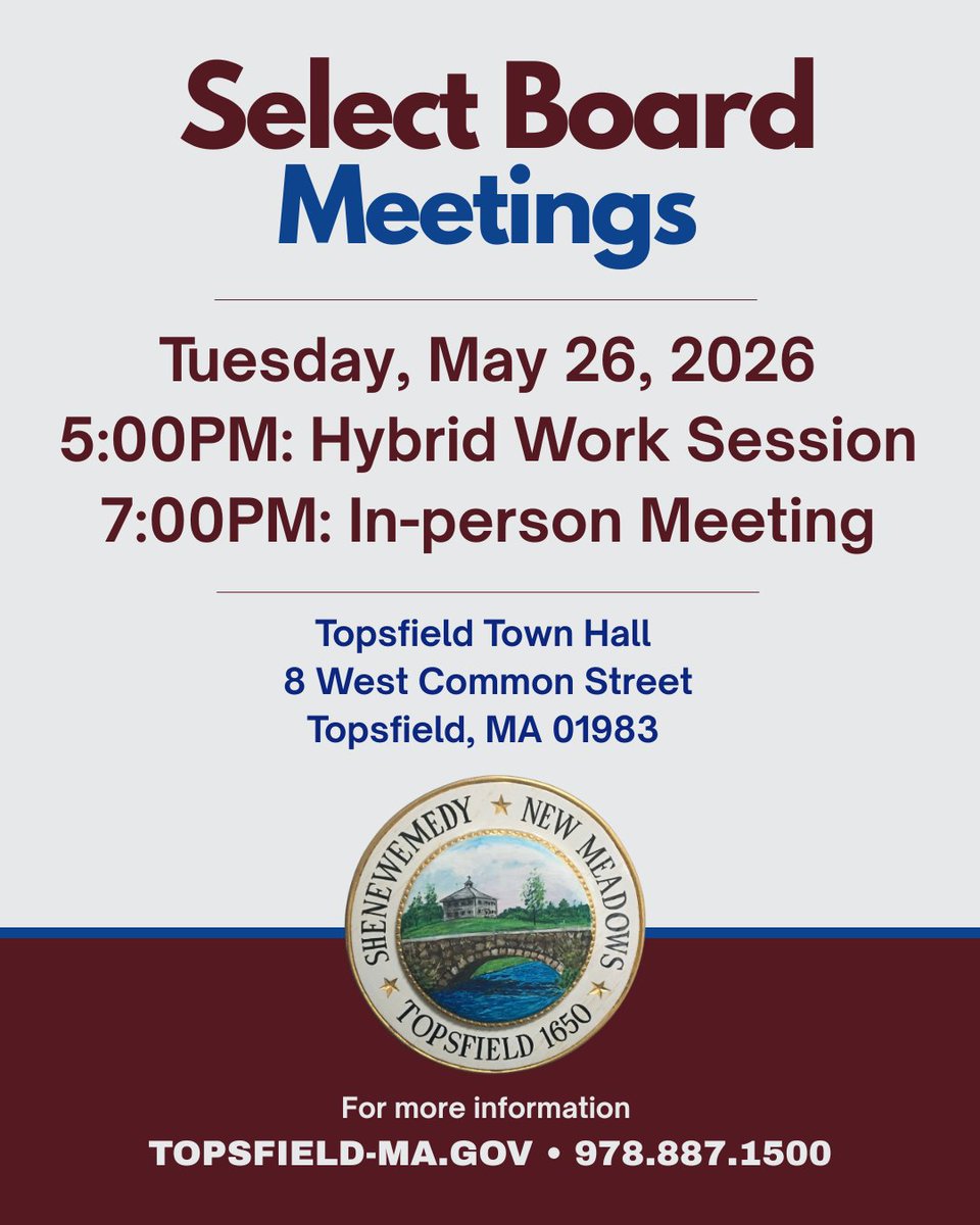 townoftopsfield's tweet photo. SELECT BOARD MEETINGS TODAY!
• 5:00PM: Hybrid Work Session
• 7:00PM: In-person Meeting

Agenda: Next steps to approving a budget
Learn more at https://t.co/CHRE1DU8aU

View the agenda and get the Zoom link at https://t.co/WFm3jE02C5

#townoftopsfield #topsfieldma https://t.co/1PdCGcxX1A