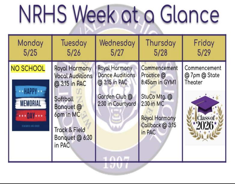 norohigh's tweet photo. Week at a Glance | May 25–30
👑 Congrats to 2026 Prom King Steven Willman &amp; Queen Sienna Bokoch plus the entire Prom Court! 
🇺🇸 Mon: No School 
🎶 Vocal/Dance Auditions
🎓 Commencement Friday @ State Theater
⚾ Baseball Playoffs
🎾 Boys Tennis STATE
🏃 Track Regionals
#NoRoNation https://t.co/uj99QFJoAe