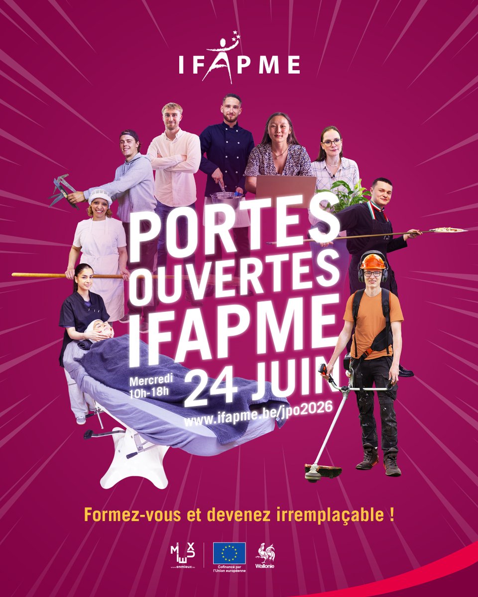 IFAPME's tweet photo. Choisissez votre futur métier lors de la ✨ Journée Portes Ouvertes IFAPME ✨ le mercredi 24 juin de 10h à 18h dans nos Centres de formation 🤩

➡ https://t.co/dFAWBBLDEi https://t.co/QGSp4UxpNi