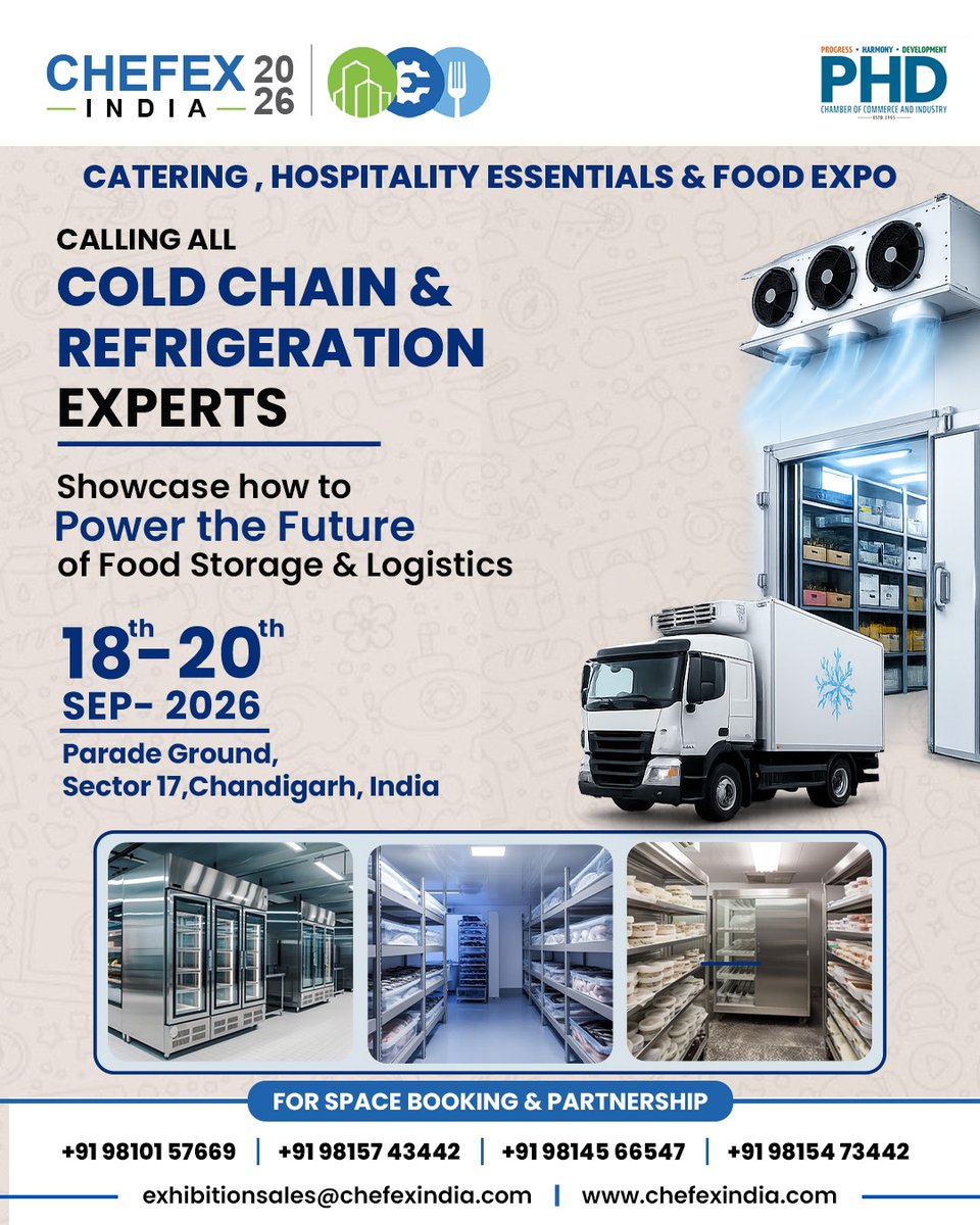 ChefexIndiaa's tweet photo. Calling All Cold Chain &amp; Refrigeration Experts! 
Showcase your cold storage, refrigeration &amp; food logistics solutions at CHEFEX India 2026 — North India’s leading B2B Food &amp; Hospitality Expo.

18–20 Sept 2026 I Parade Ground, Sector 17, Chandigarh

#CHEFEXIndia2026 #ColdChain https://t.co/kYH0H1re5x