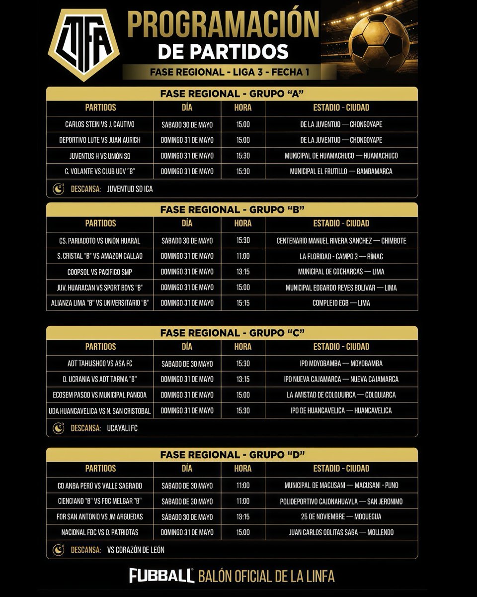 linfa_fpf's tweet photo. 🔥 Arranca la batalla por la gloria en la Liga 3
⚽ Se juega la FECHA 1 de la Fase Regional y los 4 grupos ya están listos para dejarlo todo en la cancha.
👉 Revisa la programación oficial y vive el inicio del camino hacia la gloria.
#LINFA #Liga3 https://t.co/SlsfuAT5bH