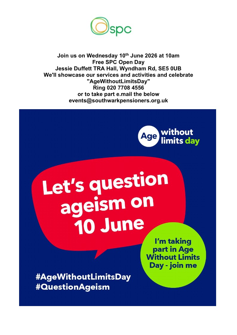 pdh100100's tweet photo. PLEASE SHARE. SPC. Let's question Ageism. 10th June 2026. SE5.... @ReginaldPopoola @victoriakpeel @Victoria_Mills @EdibleSE16 @avrilajones @Altheasmith14 @DeneCentre @esmedobson @WorgInfo @jpcookie50 @lovesnowsfields @105pear @reee_create @NatashaEnnin @telegraphhillc1 https://t.co/gAwLWKT4I7