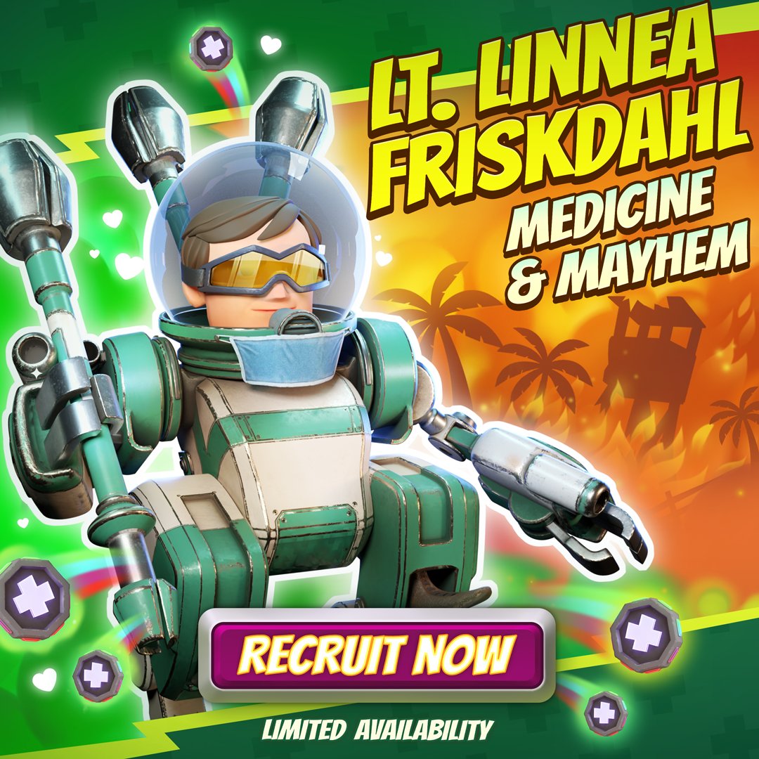 BoomBeach's tweet photo. Relief with a pinch of mayhem, as prescribed by Elite Lt. Linnea Friskdahl.💚

The new Medic Leader is here to keep your troops standing while wreaking havoc among the enemy ranks with healing, shields, damage resistance, and resurrection.

She is available for recruitment until 28/06!