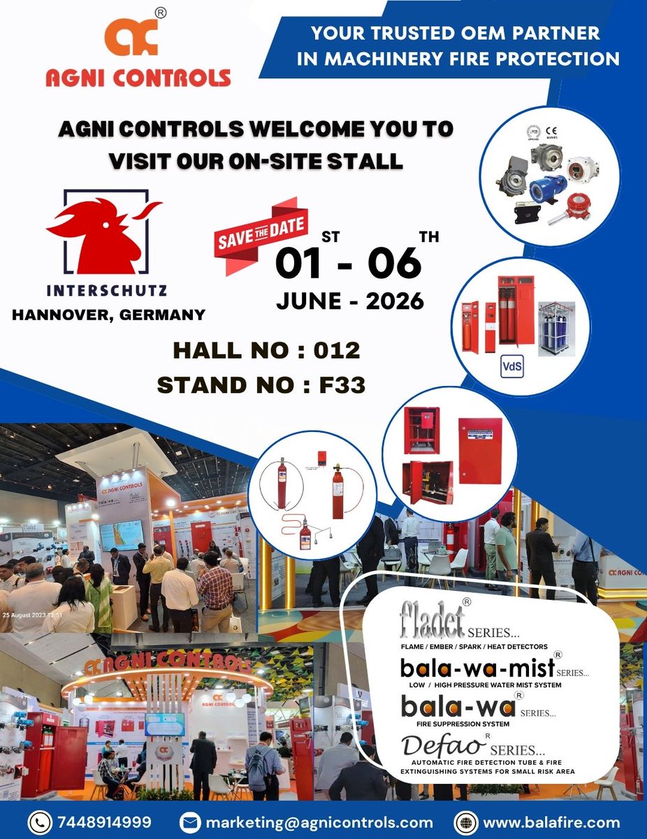 AgniControls's tweet photo. Meet AGNI CONTROLS at INTERSCHUTZ 2026 – Your Presence is Highly Valu
#flamedetector #Emberdetector #sparkdetector #heatdetector #probetypeheatdetector #firesafetyequipment #firealarm #firealarmsystem #suppression #co2suppression #gassuppression https://t.co/QKI6hJ6Vbx