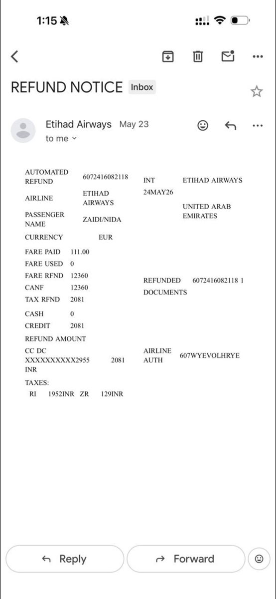 ArshiAli98's tweet photo. @makemytrip @EtihadAirways Flight EY844 was cancelled by airline, not by me.

MMT first showed ₹21,344 refund. Etihad official email confirmed INR 20,081 refund approved. Now MMT changed refund to ₹0.

Why no refund if airline cancelled the flight?

PNR: 93NS74 https://t.co/byhGR1fh5j