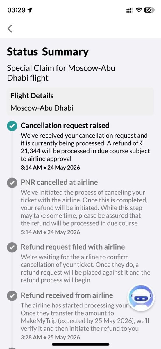 ArshiAli98's tweet photo. @makemytrip @EtihadAirways Flight EY844 was cancelled by airline, not by me.

MMT first showed ₹21,344 refund. Etihad official email confirmed INR 20,081 refund approved. Now MMT changed refund to ₹0.

Why no refund if airline cancelled the flight?

PNR: 93NS74 https://t.co/byhGR1fh5j