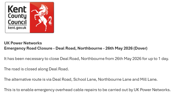KentHighways's tweet photo. Northbourne, Deal Road. Road closed today (26th May) for @UKPowerNetworks repair works. https://t.co/Hz7eoMwsVP