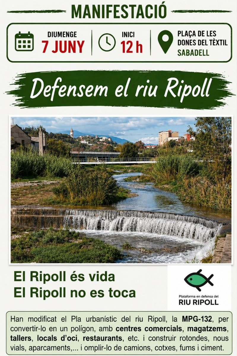 lluisbrunet's tweet photo. MANIFESTACIÓ

Defensem el riu Ripoll

El Ripoll és vida
El Ripoll no es toca

📆 7 de juny
⏲️ 12 migdia
📍 Plaça de les Dones del Tèxtil

Sense la independència, no hi ha possibilitats de crear a Catalunya una política justa, honesta i regenerada
Antoni Gaudí https://t.co/ku9dZ5Ct6J