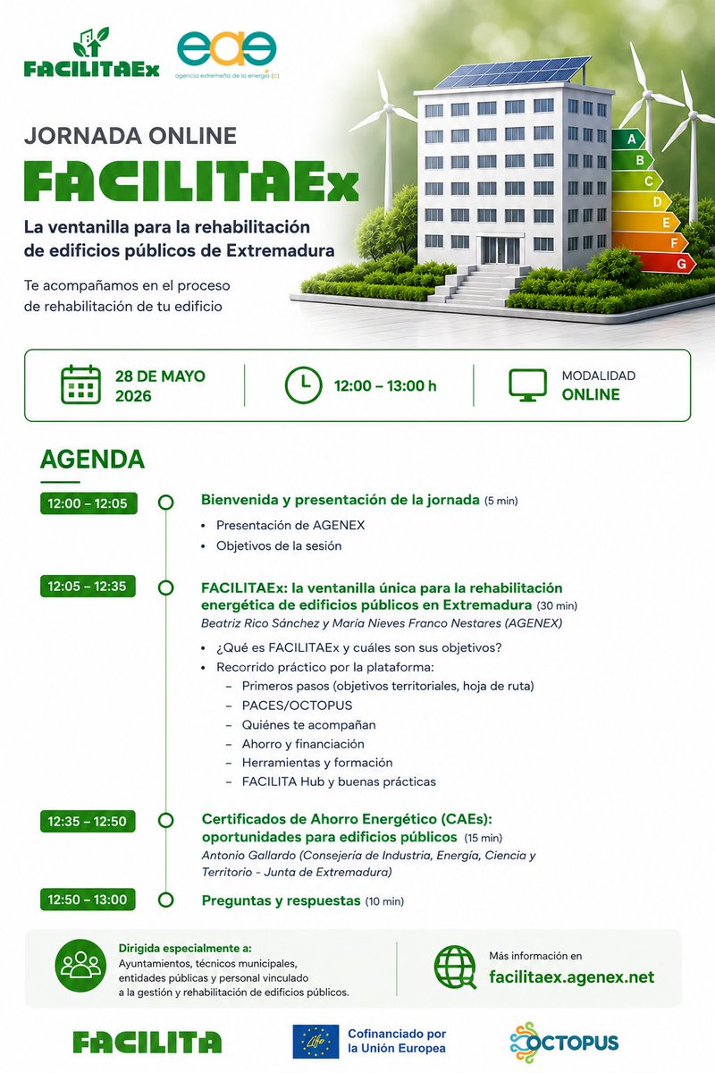 AGENEXORG's tweet photo. 🔔 Recordatorio | Jornada online FACILITAEx

📆 Jueves, 28 de mayo
🕛 12:00 h
💻 Online

Descubre cómo FACILITAEx puede ayudar a las administraciones públicas a impulsar la rehabilitación energética de sus edificios.

👉 Inscríbete en: https://t.co/4qT0XPfdXH https://t.co/qdojgcQS6q
