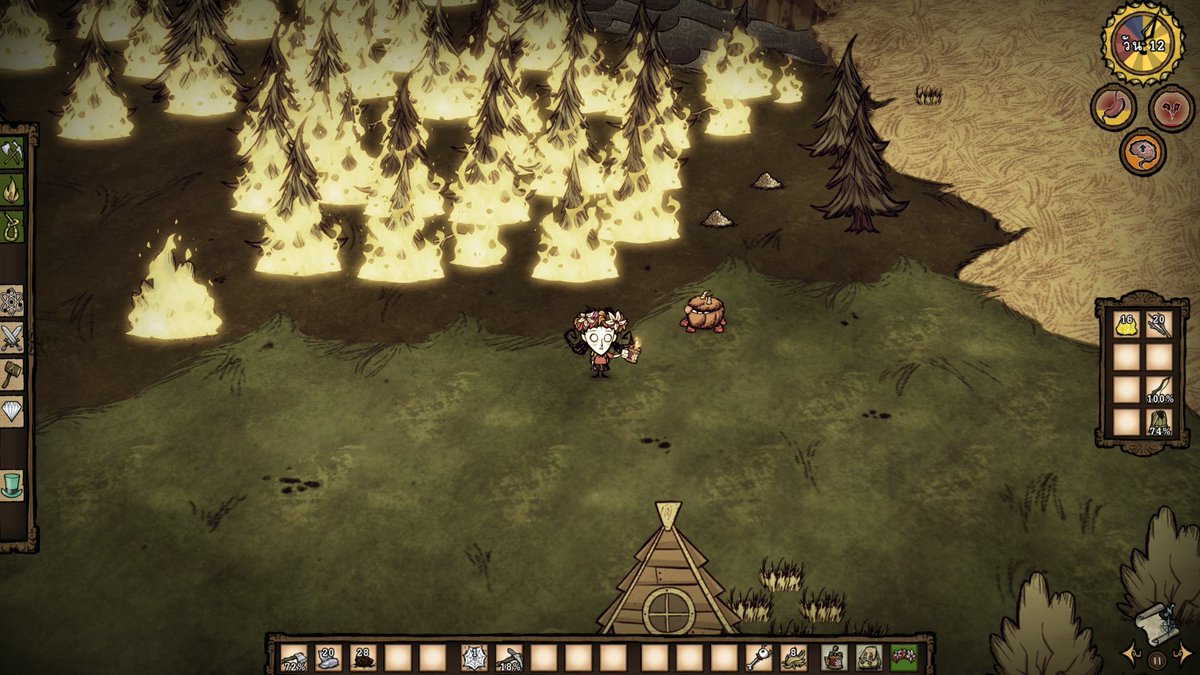 zandy31a's tweet photo. โดนตัดเน็ตเลยเล่น Don't Starve ฆ่าเวลา ว่าจะเผาตอไม้ แต่เผลอทำป่าไหม้(อีกแล้ว) https://t.co/T2VQ6daulN