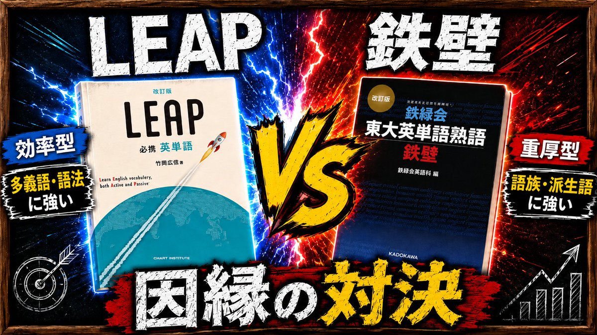 YSK_NMR's tweet photo. LEAPと鉄壁は、単純な上位互換関係ではありません。

✅LEAP
→ Core語彙・多義語・語法を効率よく得点化する本

✅鉄壁
→ 語族・派生語・抽象語をネットワーク化する本

東大英語は難単語ゲーではなく、抽象語処理の精度が問われます。

今回のテーマは、

LEAP vs 鉄壁
 因縁の対決

https://t.co/0BYTJPgmSI

LEAPで十分なのか。

鉄壁まで必要なのか。

東大英語・難関大英語の観点から忖度なしで話しています。

英単語帳選びで迷っている人はぜひ。