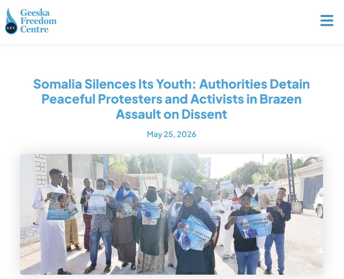 geeskacentre's tweet photo. Somalia Silences Its Youth: Authorities Detain Peaceful Protesters and Activists in Brazen Assault on Dissent

Dozens Arrested Without Charge as Police Defy Court Orders; One Young Mother Behind Bars for Speaking Out.  

READ MORE on @geeskacentre website below.

https://t.co/Ybsjv7xyh4