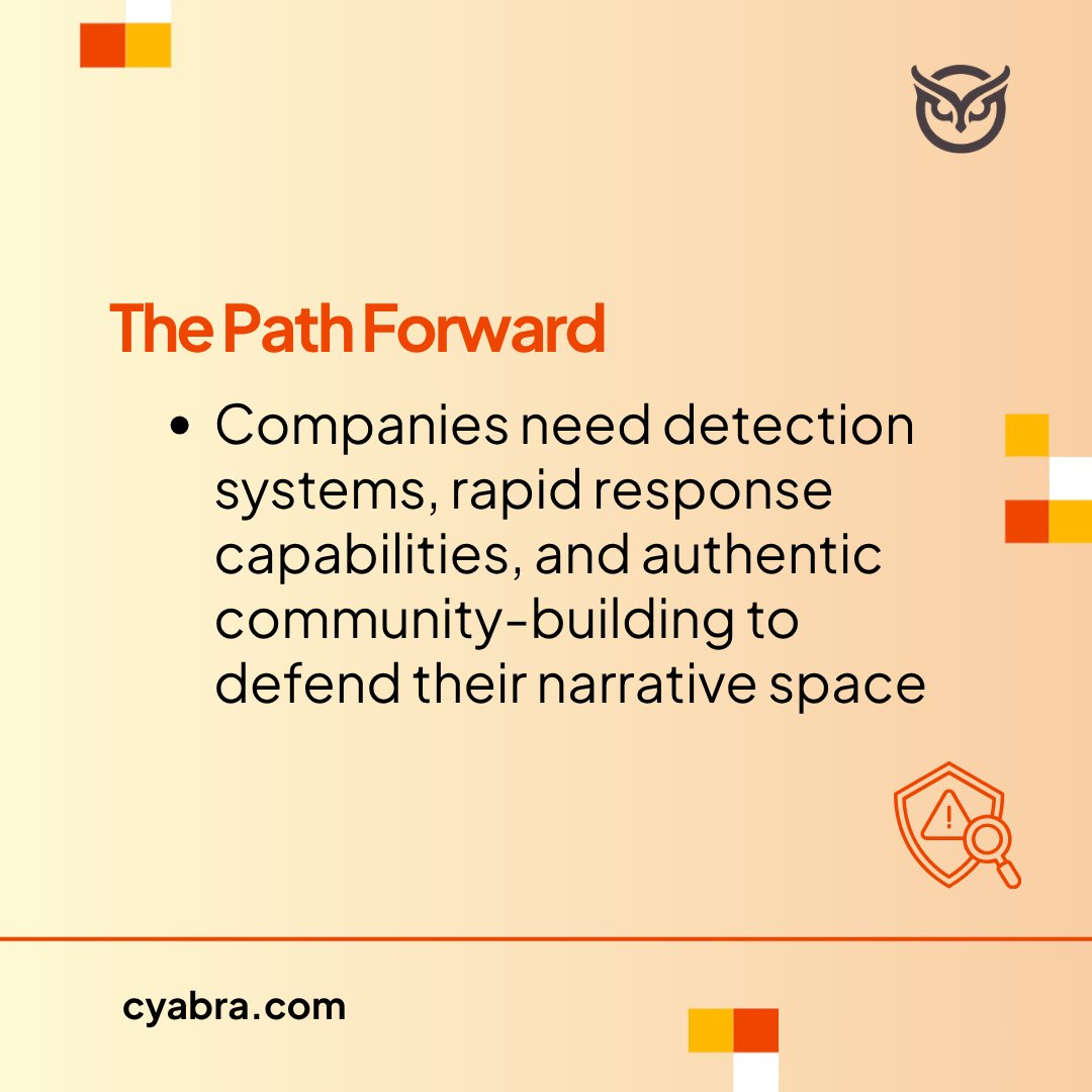 TheCyabra's tweet photo. Cyabra CPO Yossef Daar has spent years studying how coordinated inauthentic campaigns operate. In his latest piece, he breaks down what he's seen firsthand.

A network of 50 to 100 inauthentic accounts can trigger algorithmic amplification that reaches millions of real users, manufactures consensus, moves markets, and destroys reputations.

The cost of launching these operations has collapsed. Every publicly traded company is now a potential target.

So what do companies actually need? Detection systems, rapid response capabilities, and authentic community-building to defend their narrative space.

Read it here:
https://t.co/IIEpzppzmS