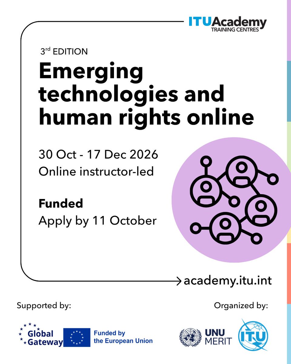 ITUDevelopment's tweet photo. Explore the #ITUAcademy courses on:
🏛️ Digital public infrastructure with safeguards
🏫 Last mile school connectivity planning
🤖 Emerging technologies &amp; human rights online
Free &amp; funded courses for policymakers building a more inclusive digital world.👉https://t.co/OmY3IJehAp https://t.co/Z0bpgJpAiK